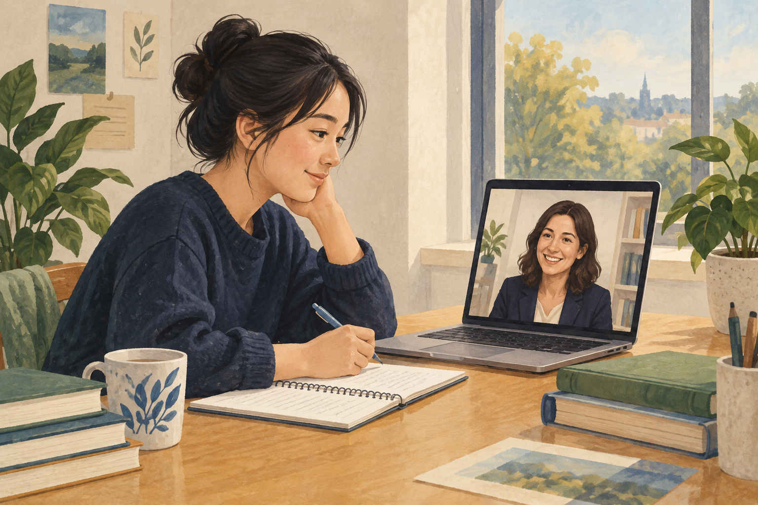 Editorial illustration of a student discussing study plans with an advisor over a video call.