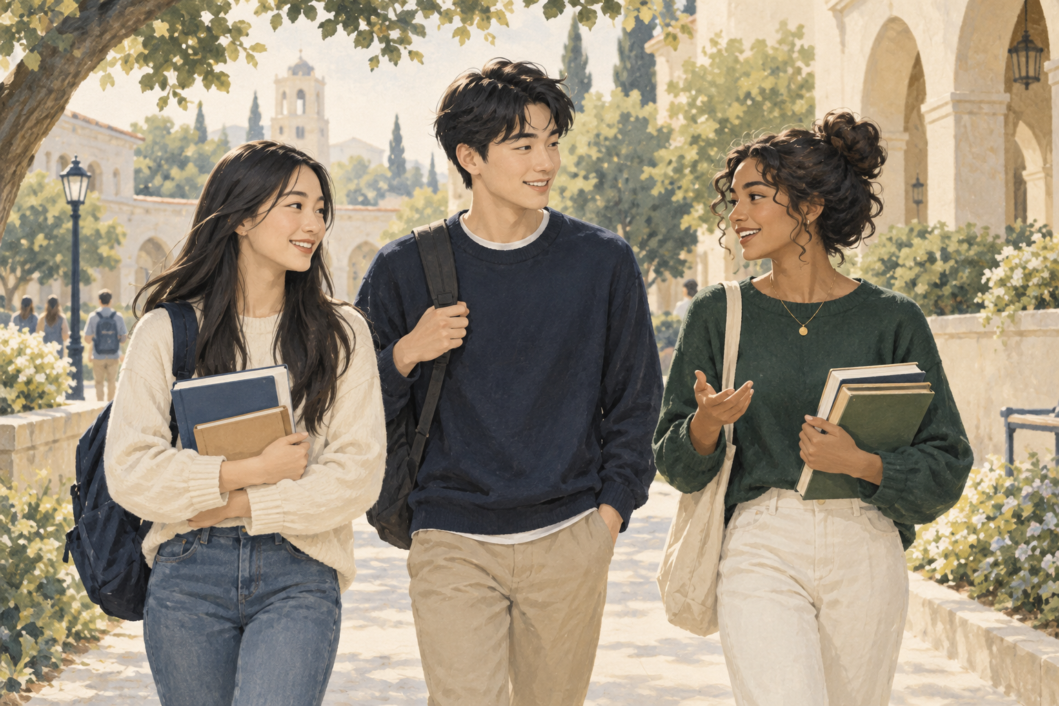 Editorial illustration of international students exploring university life together.